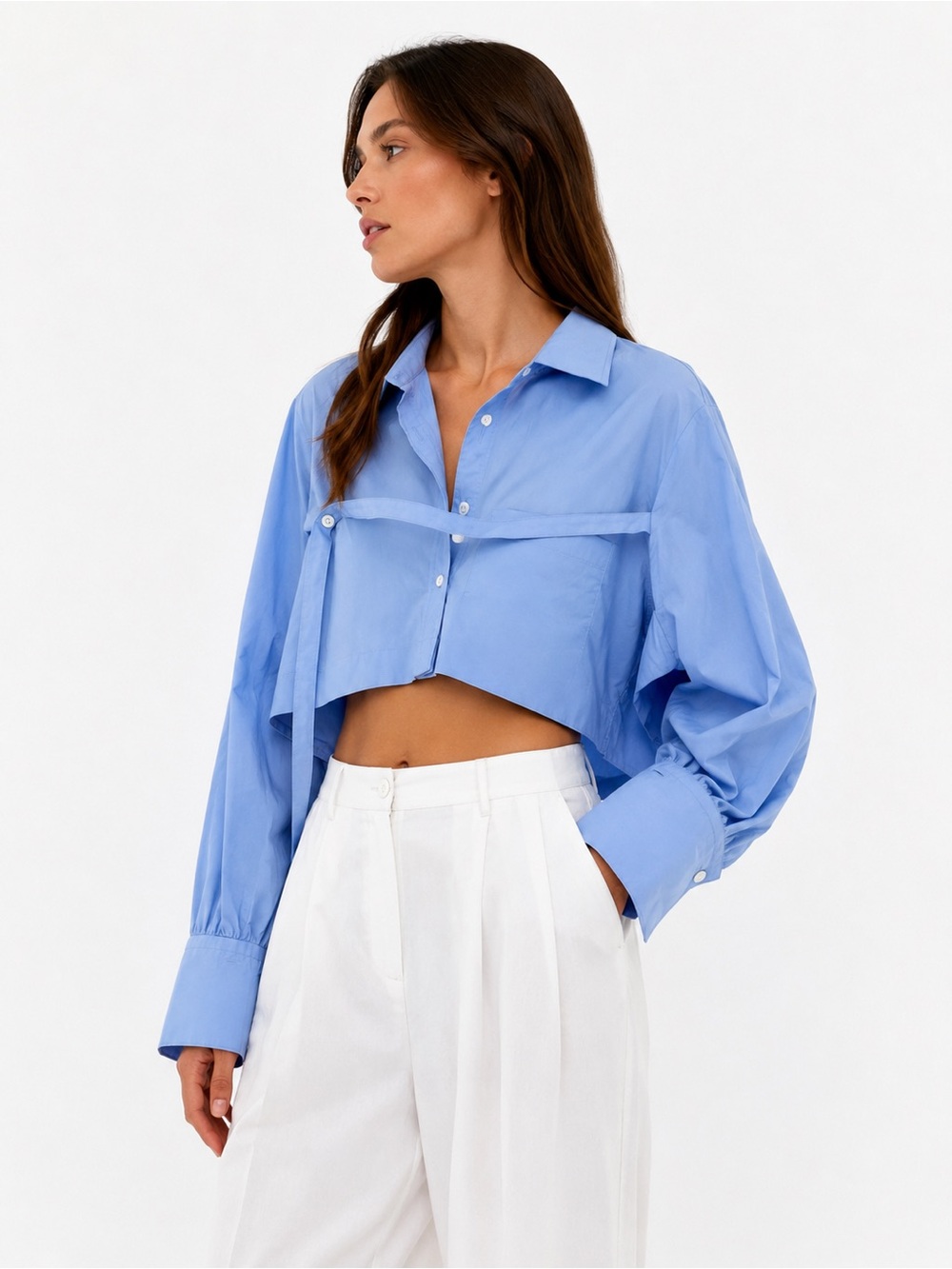 Public Tokyo long / Cropped Button-Up convertible Shirt Blue - Women's Top OS